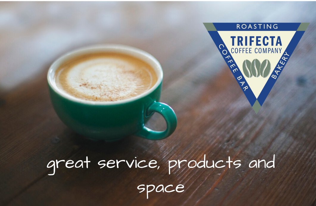 A latte in a green cup on a wooden table, beside the Trifecta Coffee Company logo (Roasting, Coffee Bar, Bakery) and the words: great service, products and space.